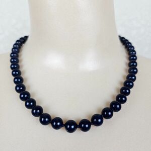 Vintage Monet Necklace Navy Blue Dainty Glass Bead Choker Hand Knot Signed 16.5"